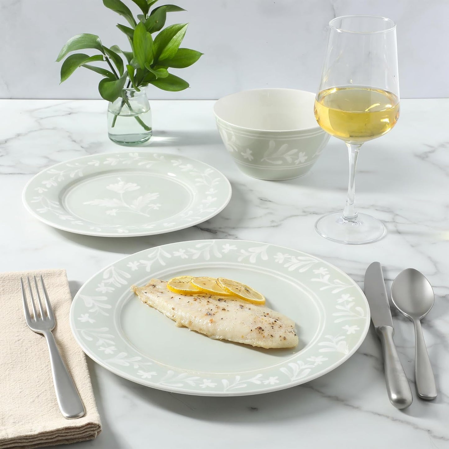 Martha Stewart Dinnerware Set - Maiden Crown 12-Piece Sage Green Dish Set | Floral Design, Microwave & Dishwasher Safe