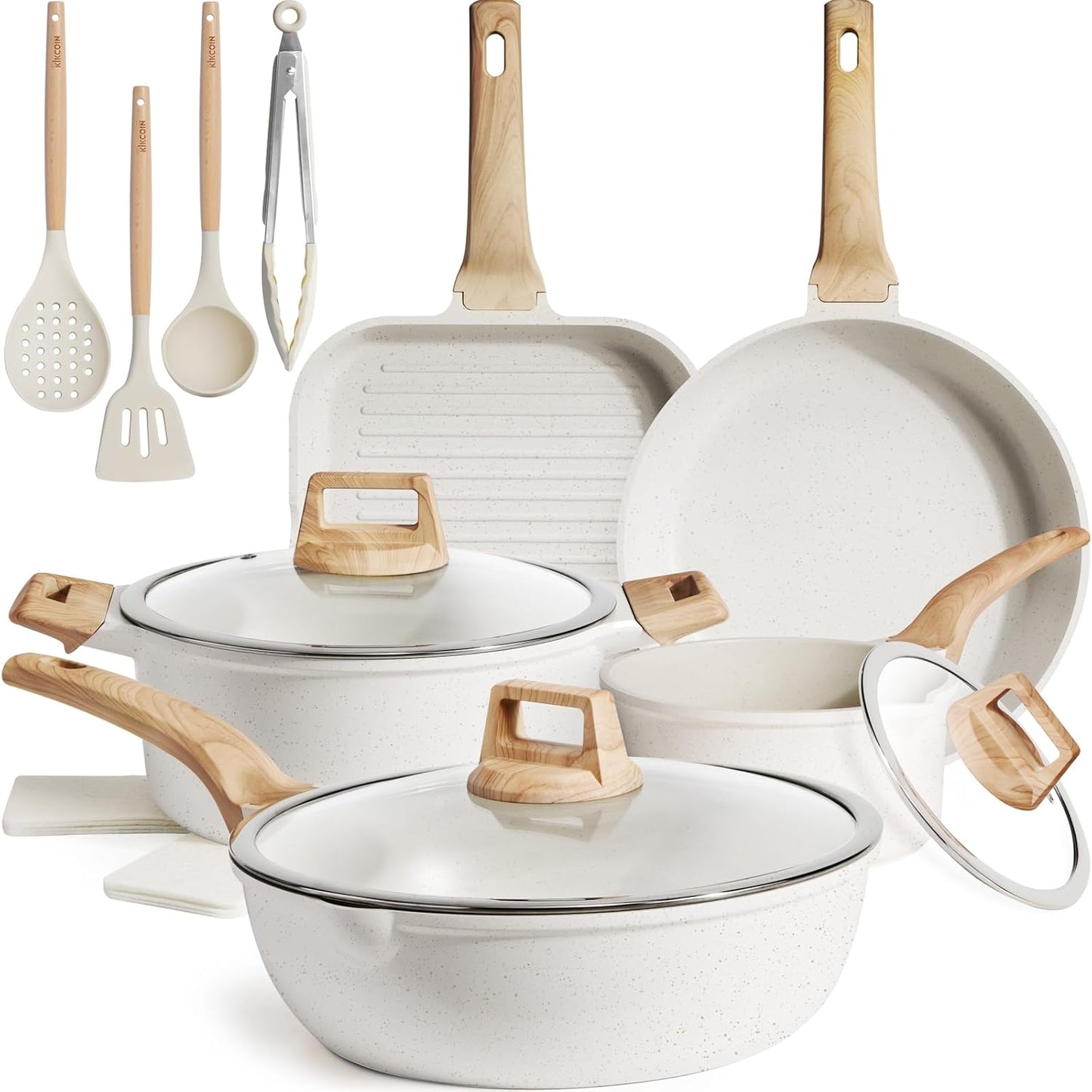 Kikcoin 16-Piece Non-Stick Ceramic Cookware Set - Induction-Ready Kitchen Pots & Pans, White