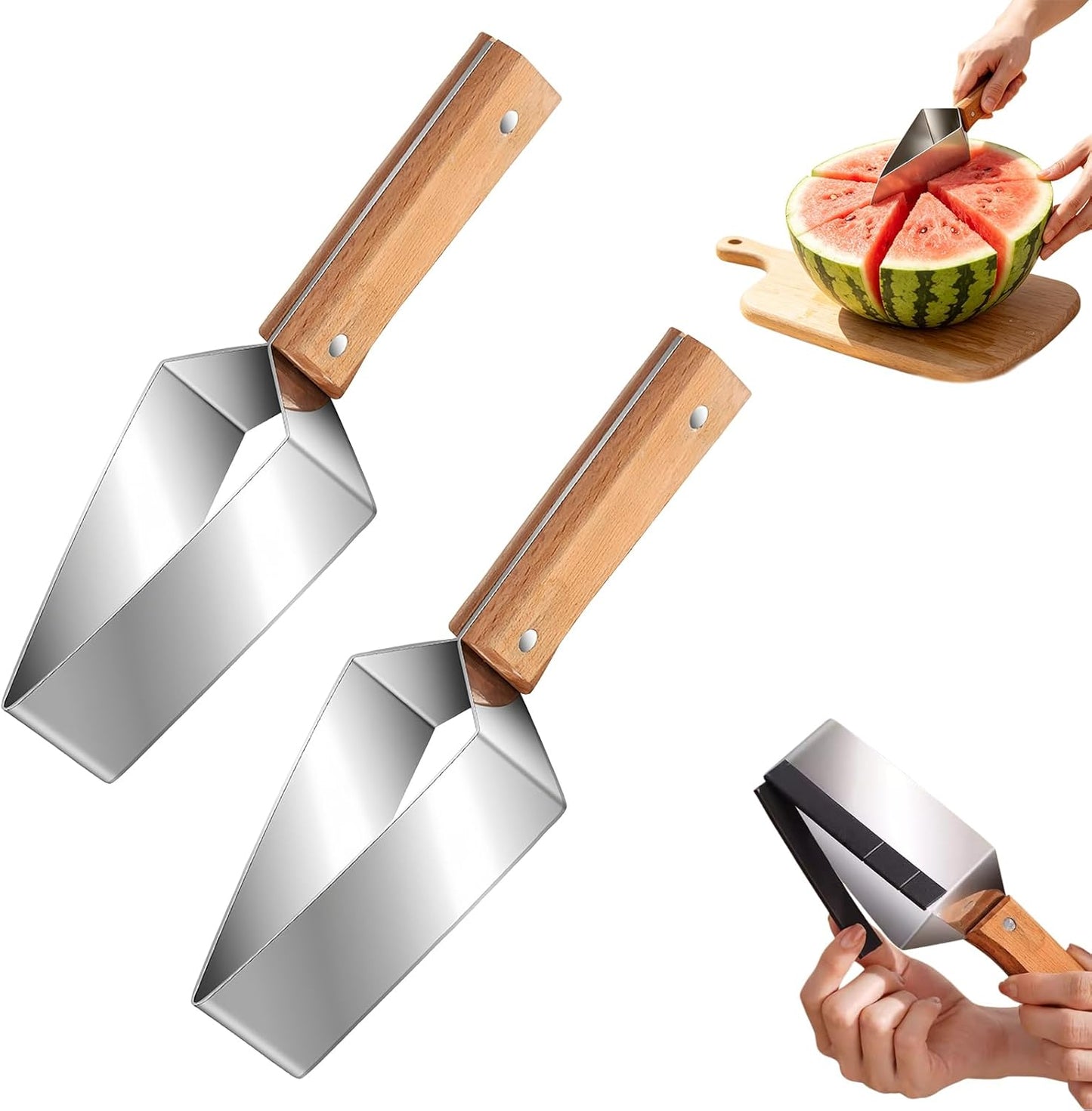 Skiennix Triangle Watermelon Cutter - Large Stainless Steel Slicer with Wooden Handle | 2-Piece Set for Home & Picnic