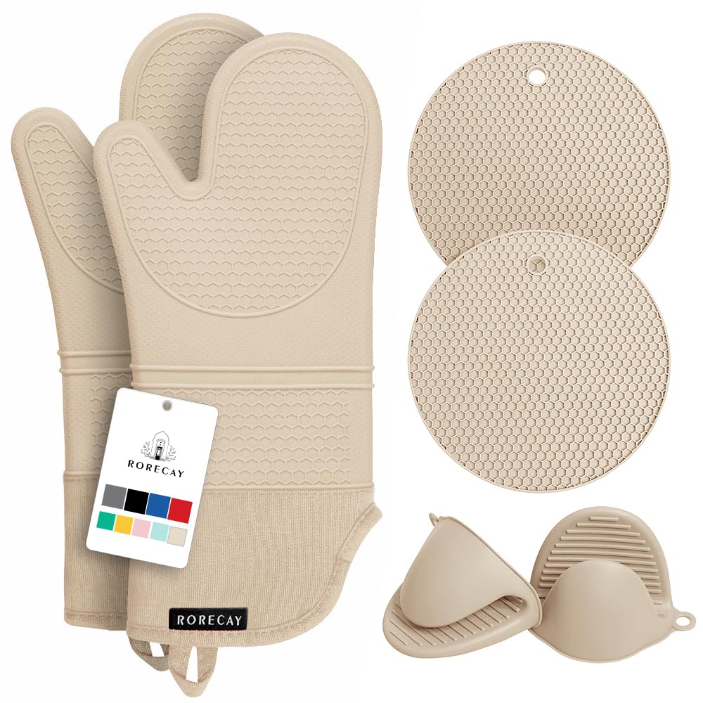 Rorecay Oven Mitts and Pot Holders Sets 6pcs, Extra Long Kitchen Silicone Oven Gloves High Heat Resistant 500 Degrees Non-Slip Potholders Hot Pads for Baking Cooking, Milkshake