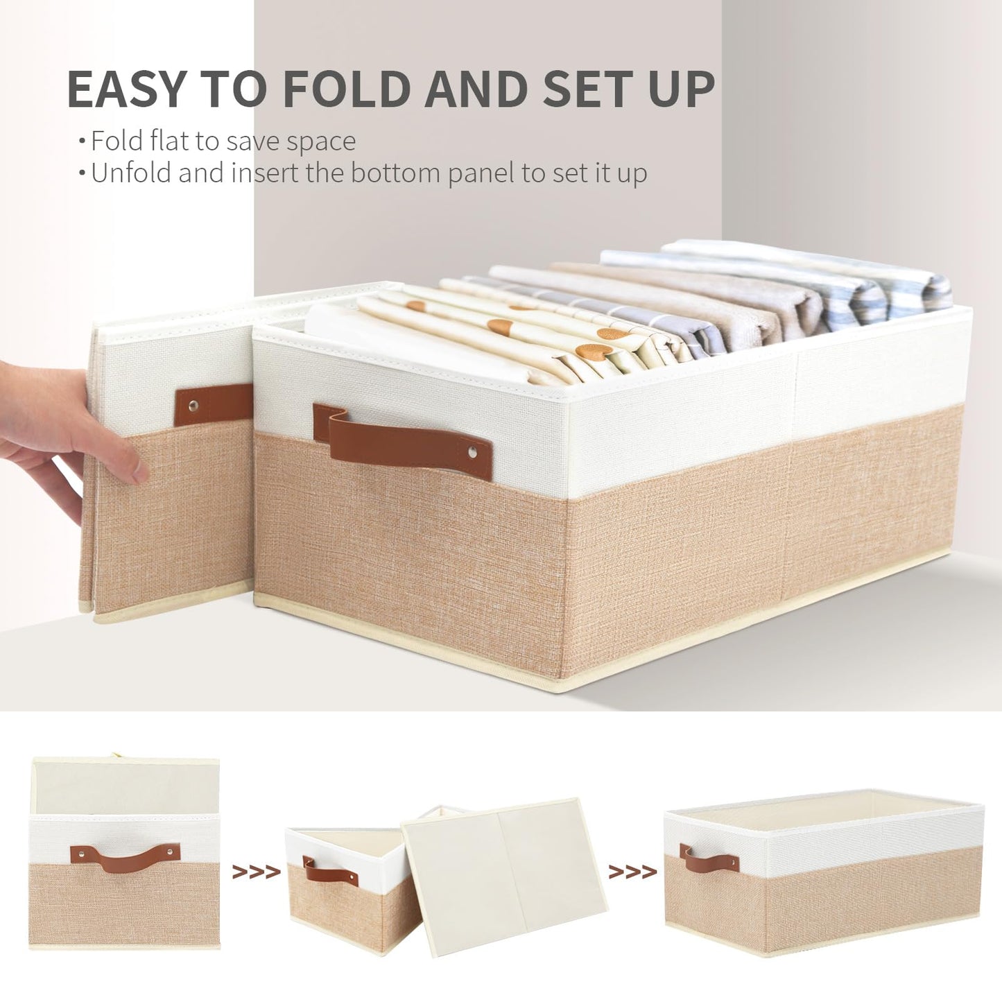 Closet Organizer Bins 3 Pack, Large Storage Bins for Shelves, Foldable Closet Storage Boxes Baskets with Leather Handles for Organizing Clothes, Sheets, Jeans, Toys, Books（Begie）