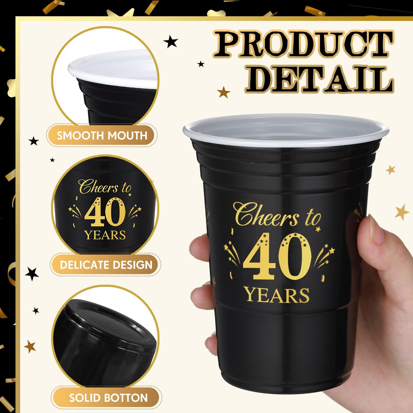 Ziliny 50 Pack 40th Birthday Decorations Birthday Cups 16 oz Disposable Plastic Gold and Black Cheers to 40 Years Cups for Men Women Hot Cold Drinks for Wedding Anniversary Supplies