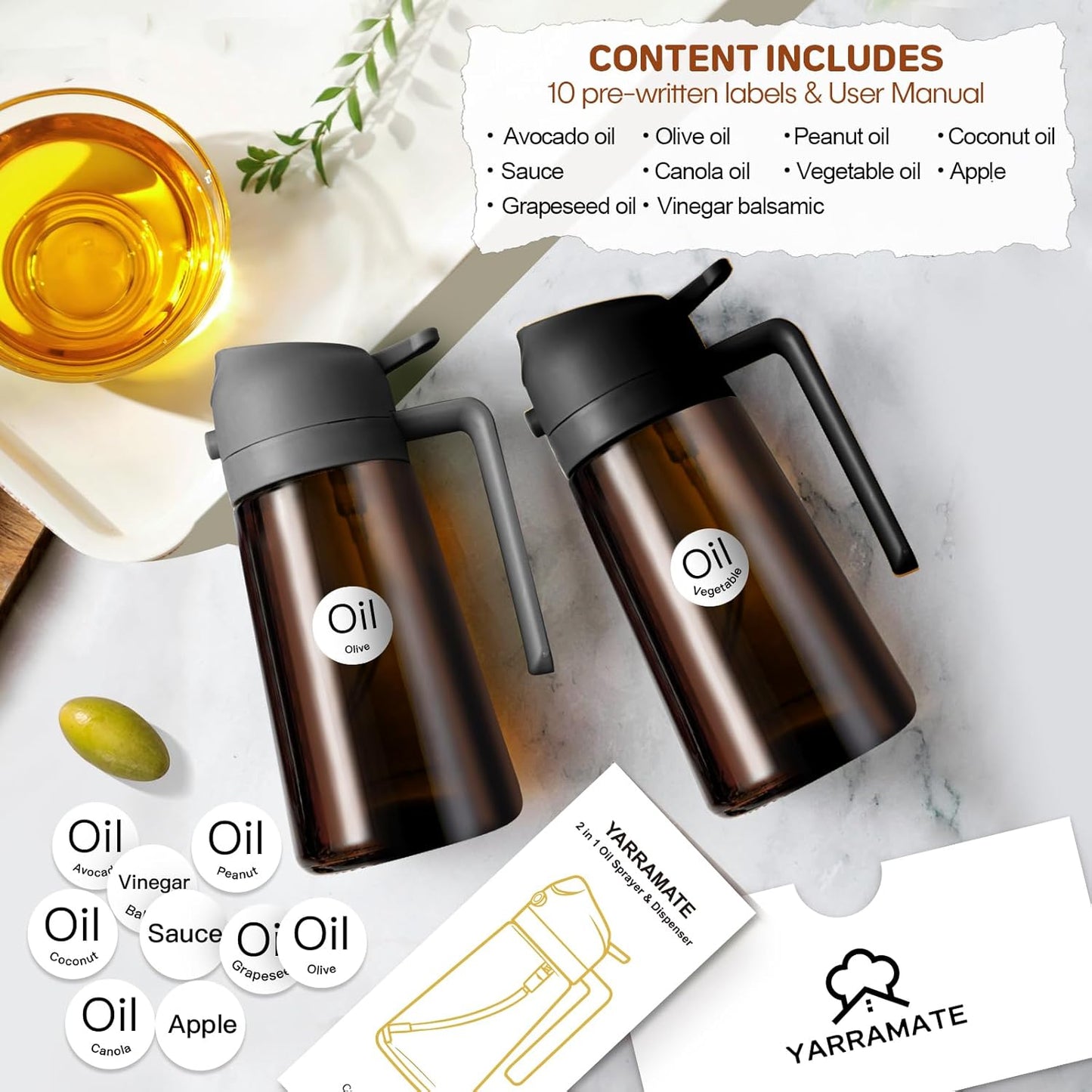 YARRAMATE 16oz Dark Brown Oil Sprayer - Premium Food-Grade 2-in-1 Olive Oil Dispenser for Cooking & BBQ