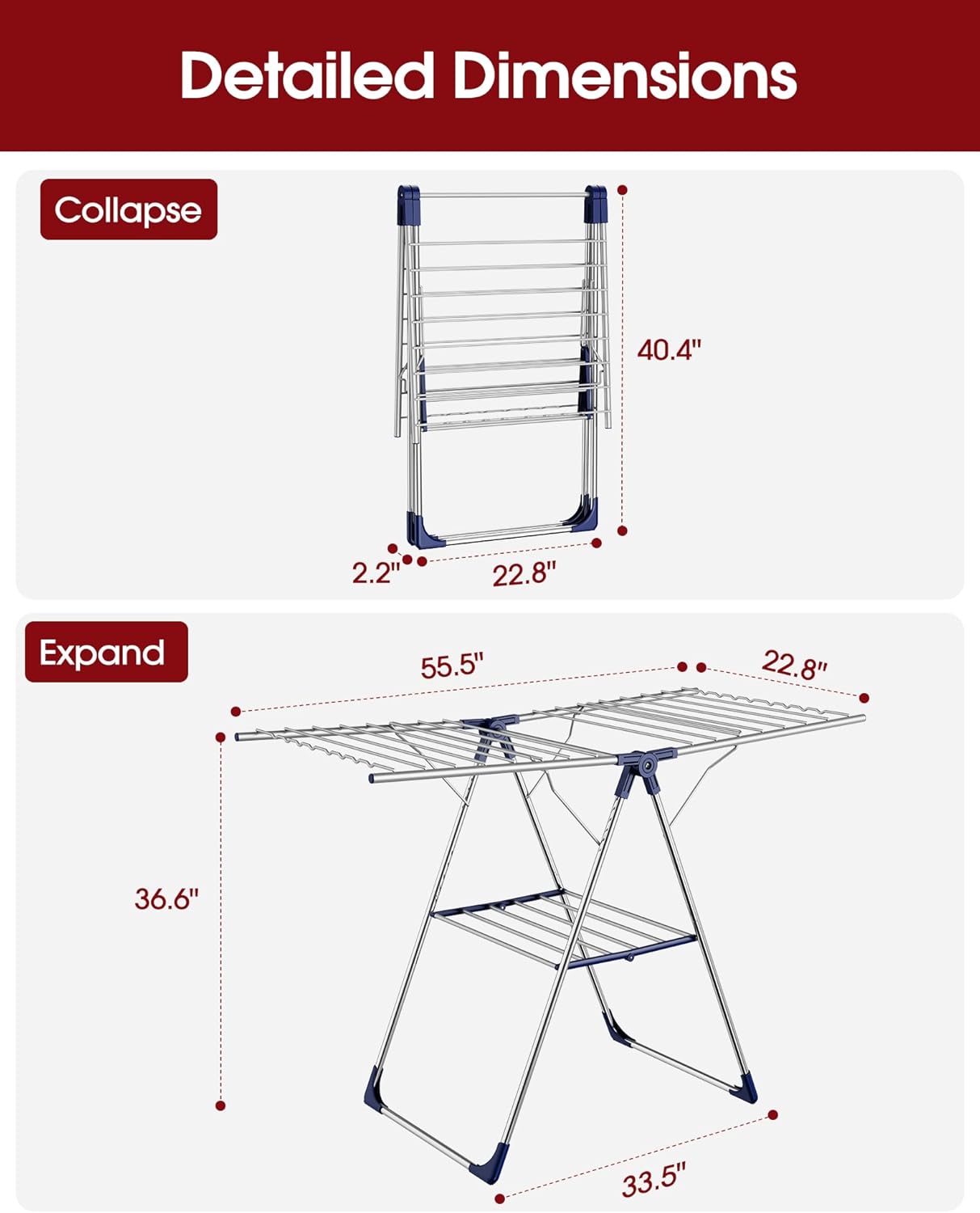 Sakugi Clothes Drying Rack - Height-Adjustable Metal Laundry Dryer Stand for Indoor & Outdoor Use | 55.5" L × 22.8" W, Silver Blue