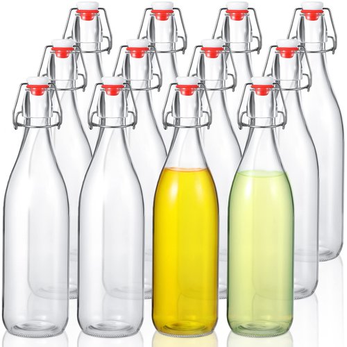 Aoriher 12 Pcs 25 oz Swing Top Glass Bottles 750 ml Glass Bottles with Red Caps for Home Brewing Kombucha Homemade Juices Beer Water Oil Vinegar Soda Syrup Kefir Beverages