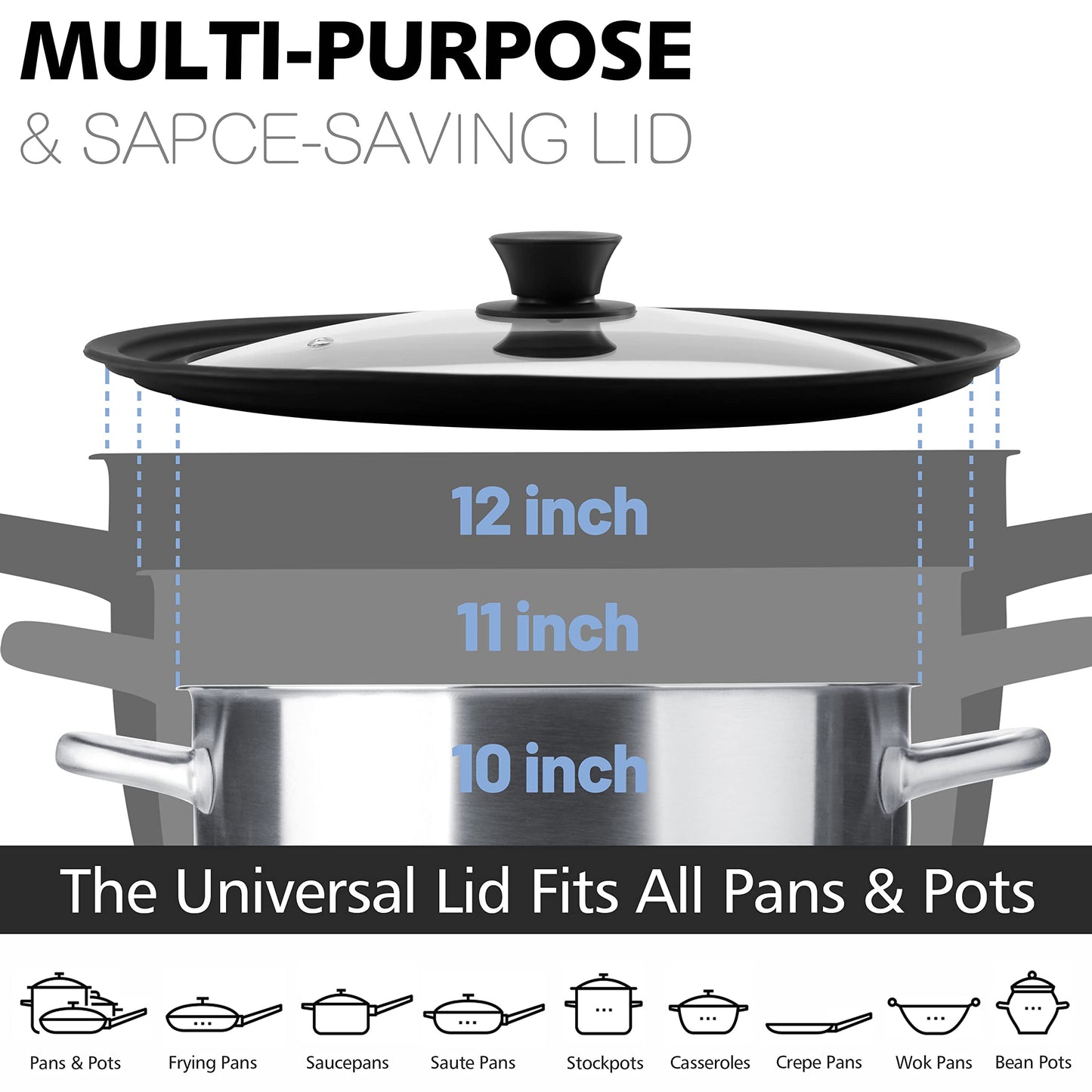 Anaeat Silicone Universal Lid for Pots, Pans and Skillets - Tempered Glass Covered with Heat Resistant Silicone Rim Fits 10", 11" and 12" Diameter Cookware -Easy to Use Replacement Frying Pan Cover