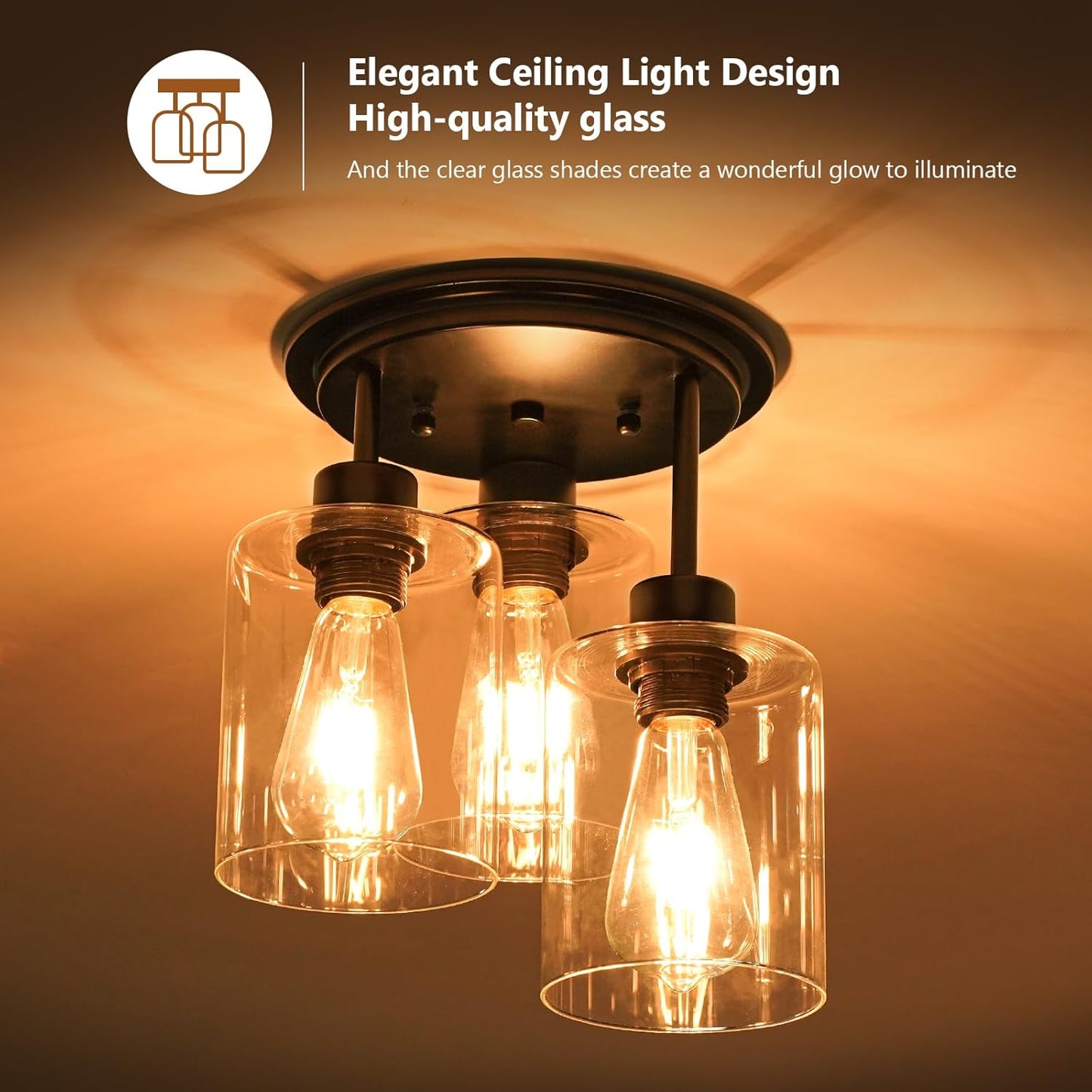 Semi Flush Mount Ceiling Light, 3-Light Ceiling Light Fixture Clear Glass Shades Black Kitchen Light Fixtures Close to Ceiling Light Fixtures for Dining Room Hallway Foyer Bedroom Entryway