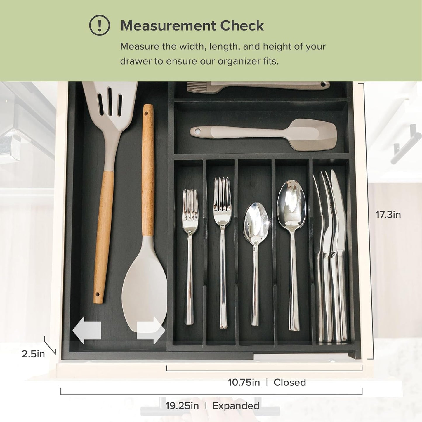 KitchenEdge Premium Flatware Organizer - Expandable Food-Safe Utensil Holder, Black Bamboo, 10.5 to 19 In