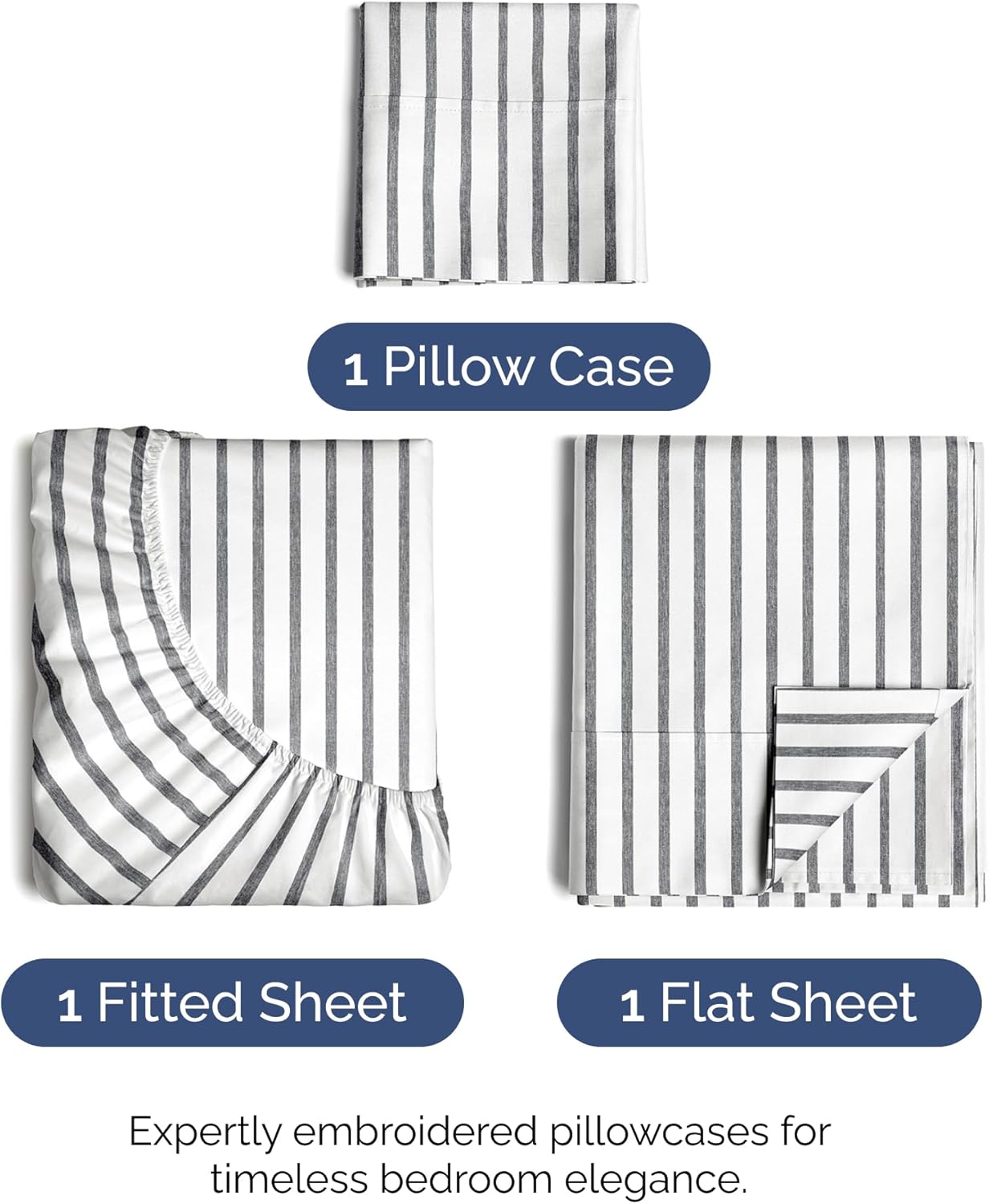 Skiennix Twin Size 3-Piece Sheet Set - Comfy Cooling Bed Sheets | Luxury Grey Stripes, Deep Pockets, Soft & Wrinkle-Free