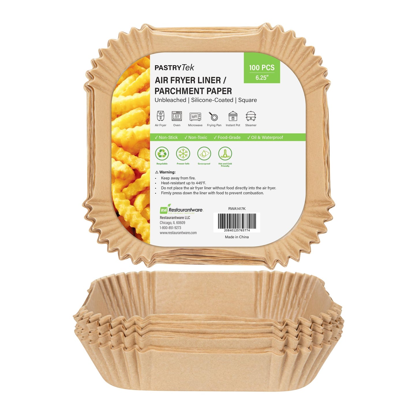 Restaurantware-Pastry Tek 6.3 x 6.3 x 1.8 Inch Air Fryer Liners, 100 Square Air Fryer Baskets - No-Stick Silicone Coating, Unbleached, Food-Grade Paper Liners, For Steamer, Microwave, Oven, Fry Pan