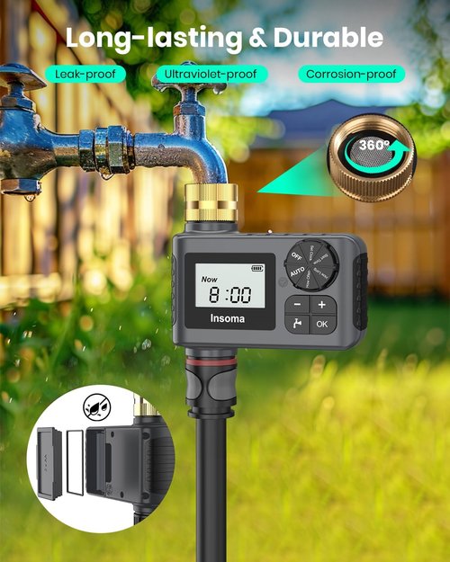 **Brass Swivel Sprinkler Timer - Programmable Outdoor Water Timer with Rain Delay | 1 Outlet for Garden Hose**