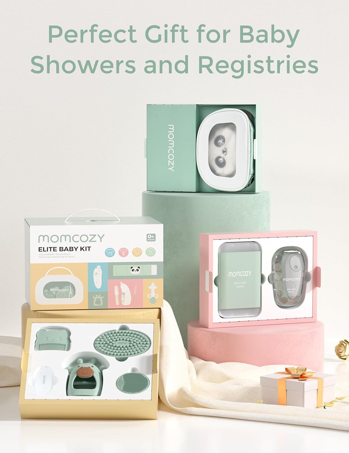 Momcozy Elite Baby Kit - Essential Grooming & Health Care Set | Electric Nail File, Nasal Aspirator, Tummy Wrap, Thermometer, Bath Brush, Teether, Storage Bag
