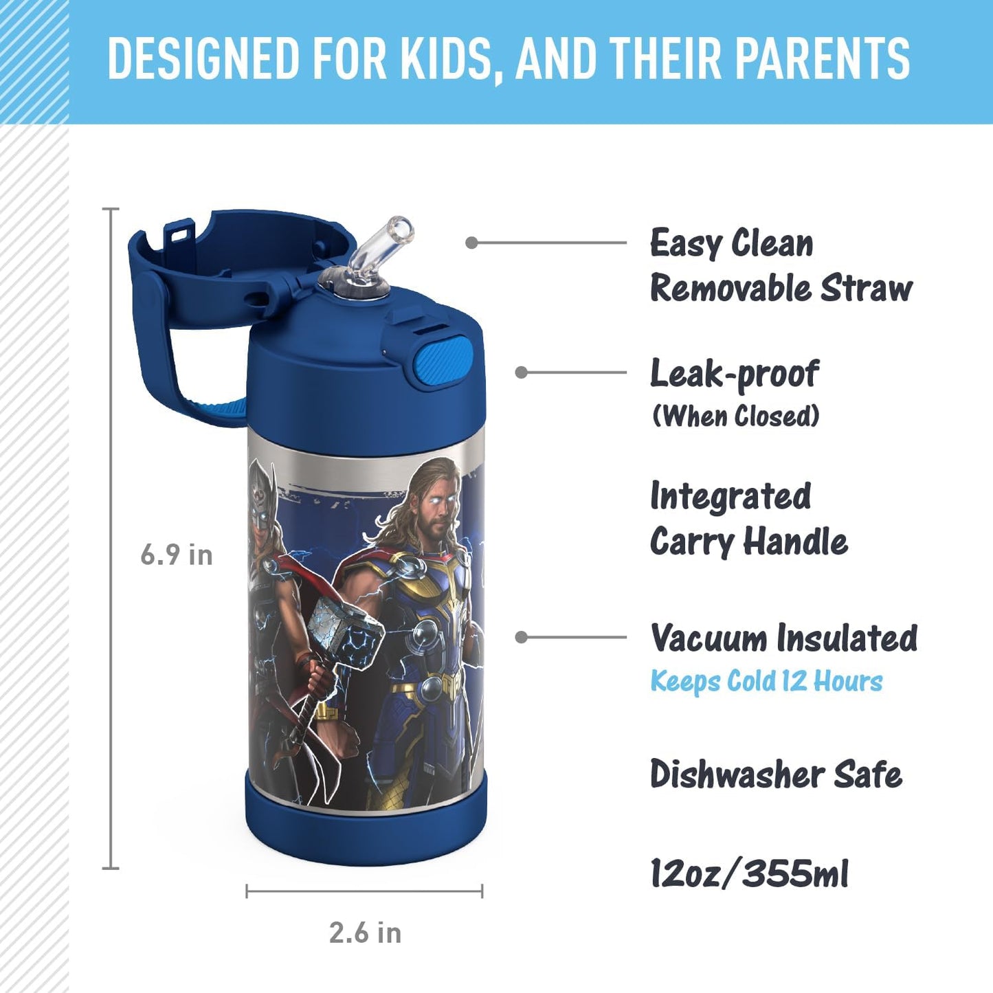 THERMOS FUNTAINER 12 Ounce Kids Straw Bottle - Stainless Steel Vacuum Insulated | Thor Design