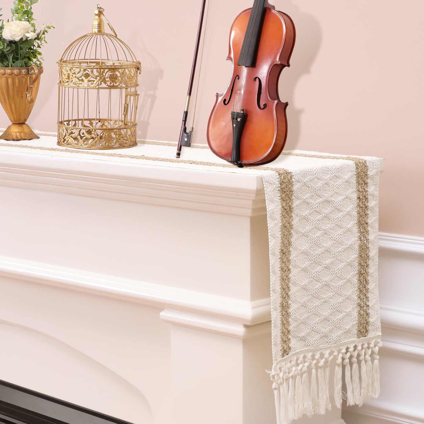 OTOSTAR Boho Table Runner with Tassels 72 Inches Long Farmhouse Rustic Table Runner Macrame Burlap Table Decoration for Home Decor Living Room Bridal Shower, Double Striped (12x72 Inches)