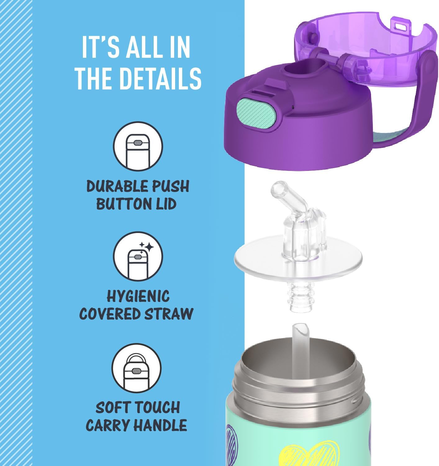 THERMOS FUNTAINER Water Bottle - 12 Ounce Kids Stainless Steel Vacuum Insulated with Straw | Hearts Design