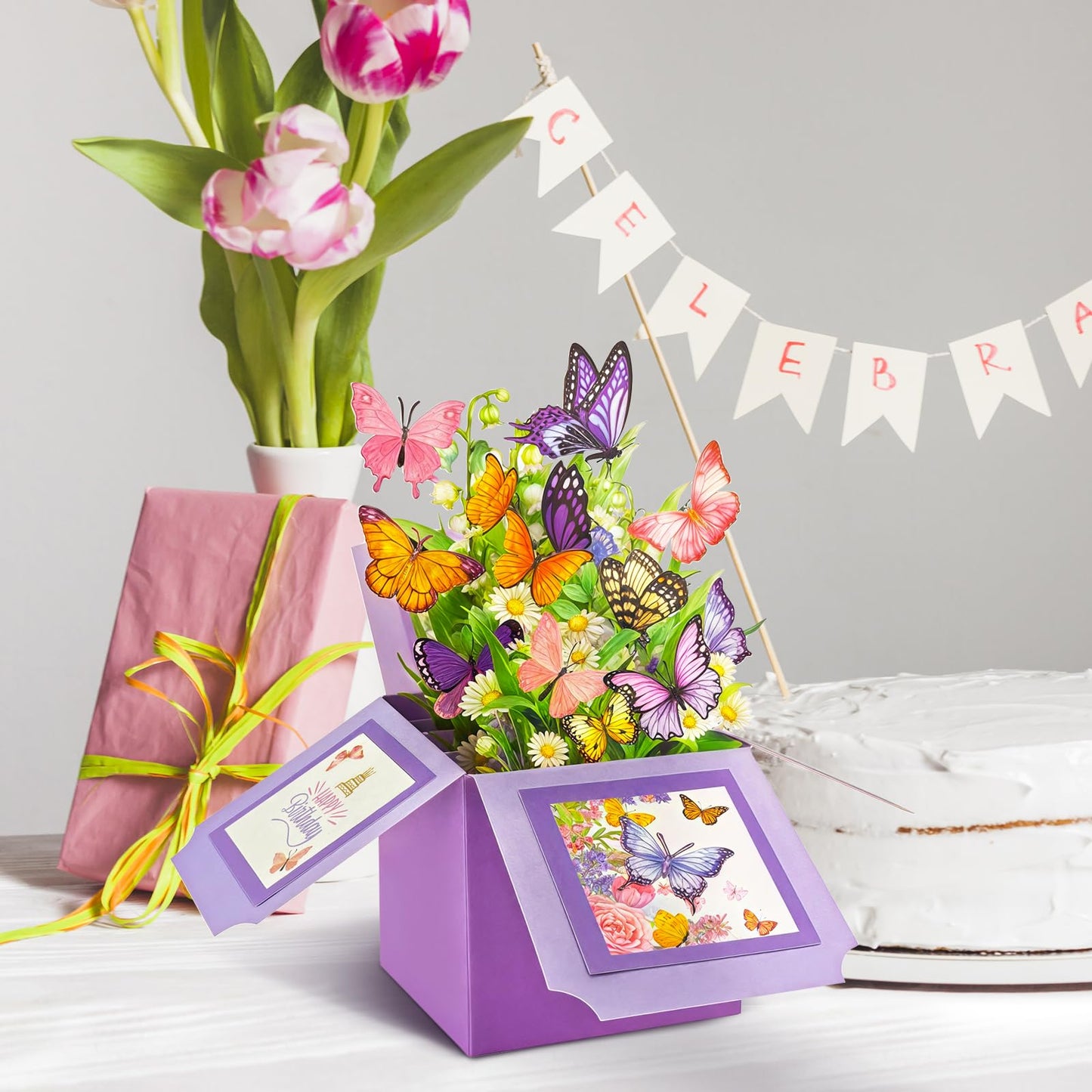 Hierein Birthday Cards for Women, Butterfly Pop Up Card Box, Happy Birthday Gifts Cards for Women, Daughter, Mom, Sister, Friend, Butterflies & Flowers Greeting Card with Blank Notecard & Envelope
