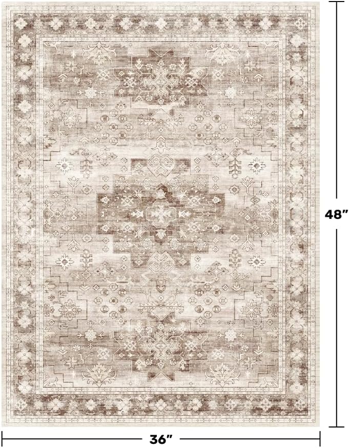 Regine Switzerland Washable Large Entryway Rug - Boho Vintage Floral Design, 3x4 Feet, Stain Resistant, Non-Slip