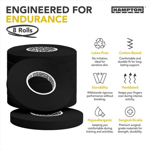 Hampton Adams | As Seen on Shark Tank | Pro Finger Tape (8-Pack) | for BJJ Bouldering Crossfit Weightlift | Non-Slip Extreme Quality No-Fray Climbing Tape | Extended Wear Super Strong Adhesive (Black)