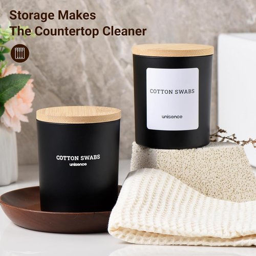 Glass Qtip Holder Set by [Brand Name] - Stylish Bathroom Organizer with Lid for Cotton Swabs & Makeup Essentials | Black
