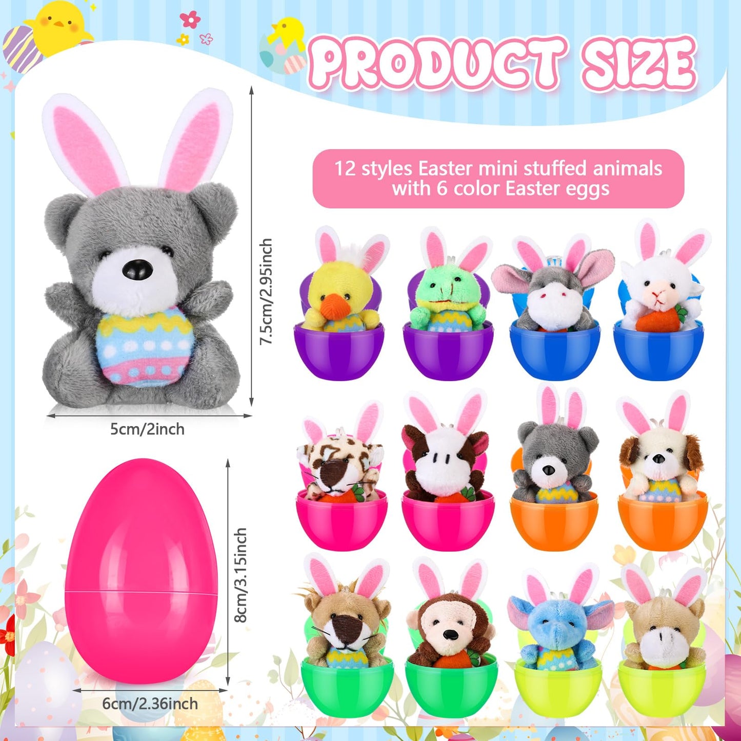 Lunmon 36 Pcs Prefilled Easter Eggs Filled with Mini Plush Animal Toys for Kids Baster Stuffer Filler Stuffed Animals with Carrot for Easter Egg Hunt Filler Party Favors Classroom Prize Supplies