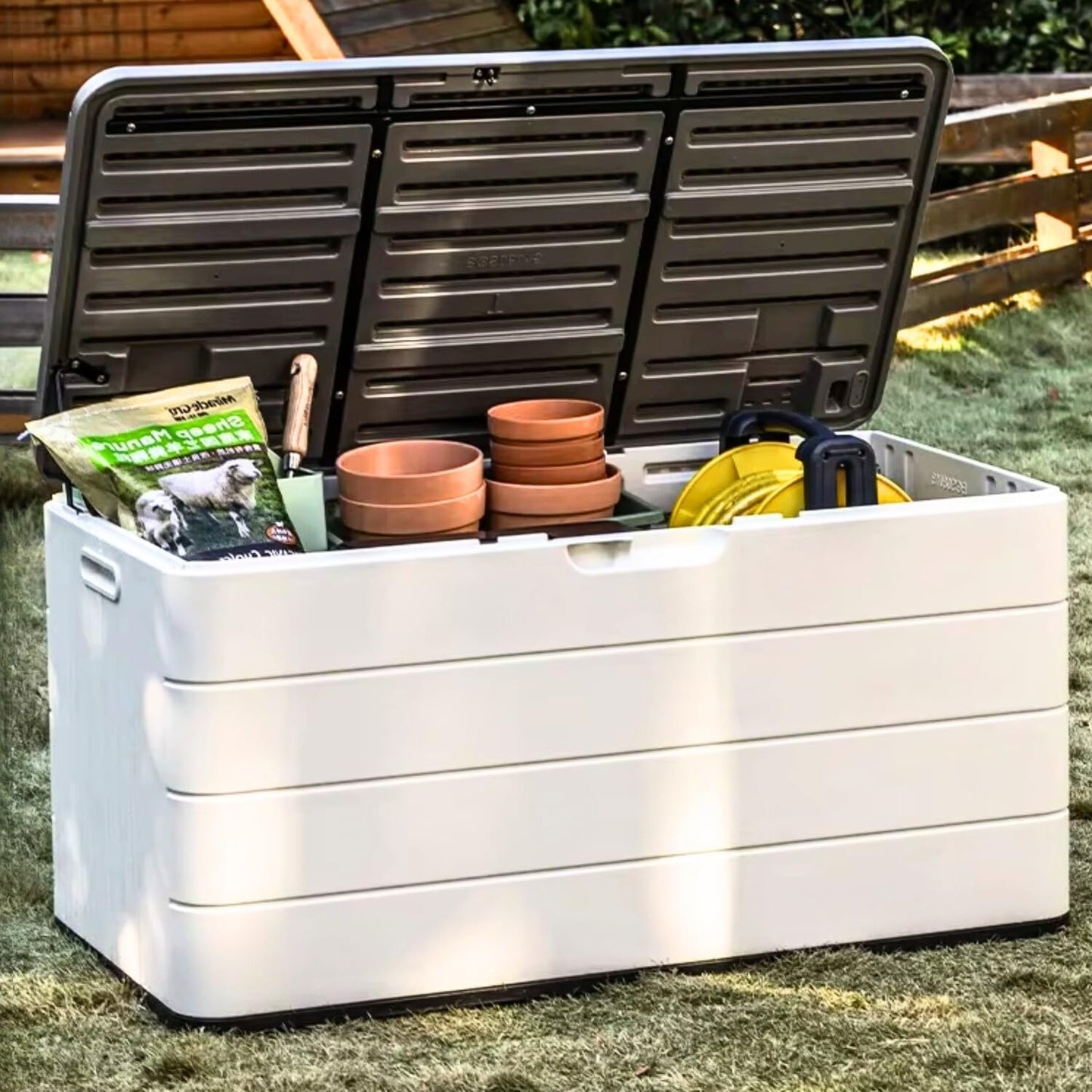 ZZM 110 Gallon Lockable Resin Deck Box - Waterproof Outdoor Storage for Cushions & Tools | White