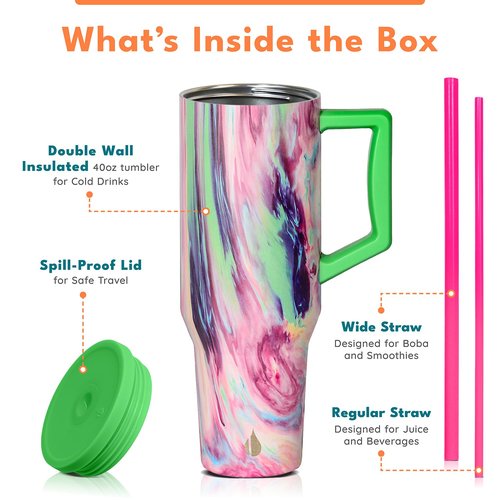 Elemental 40 oz Tumbler with Handle and Straw - Spill Proof Insulated Stainless Steel Commuter for Cold Beverages - Travel Coffee Mug with 2 Straws & Spill Proof Lid - 40oz - Aurora Dream