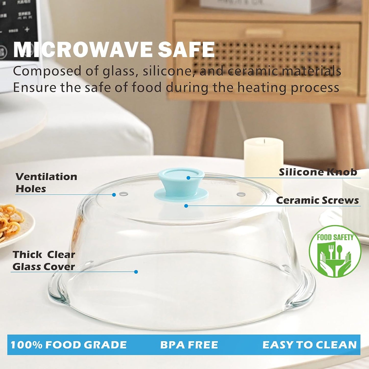 Skiennix Tall Glass Microwave Splatter Cover - 10in Food Safe Lid with Vent Hole & Silicone Knob