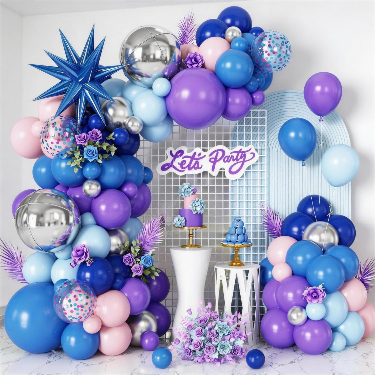 Blue Purple Silver Balloon Arch Garland Kit with Blue Star Foil Balloons Silver 4D Round Balloons for Hawaii Theme Baby Shower Birthday Party Decorations