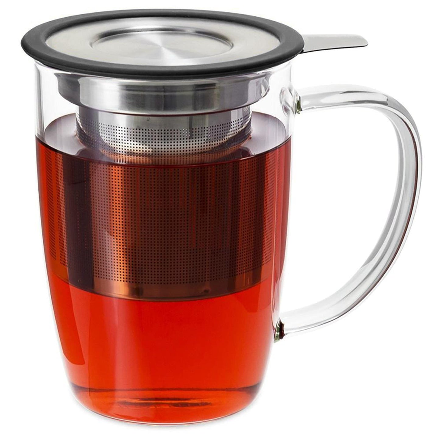 Prime Tea - Glass Teacup with Tea Infuser, 16oz / 470 ml, Hand Blown, Single Wall, Heat Resistance Borosilicate Glass Teamaker Cup for Blooming & Loose Leaf Tea, Microwave & Dishwasher Safe (Black)