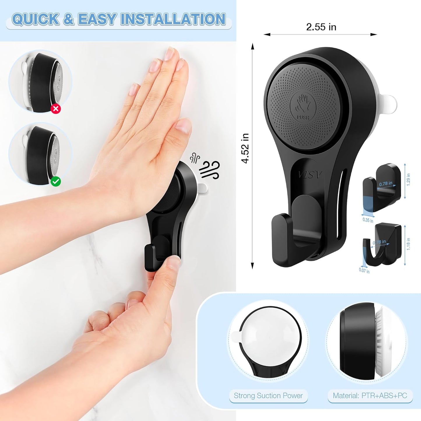 VIS'V Heavy-Duty Shower Suction Cup Hooks - Removable & Reusable, Black | 2-Pack