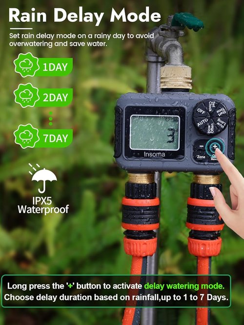 Insoma 2-Zone Water Timer - Programmable Brass Hose Faucet Timer with Auto/Manual Modes | Waterproof Garden Sprinkler System
