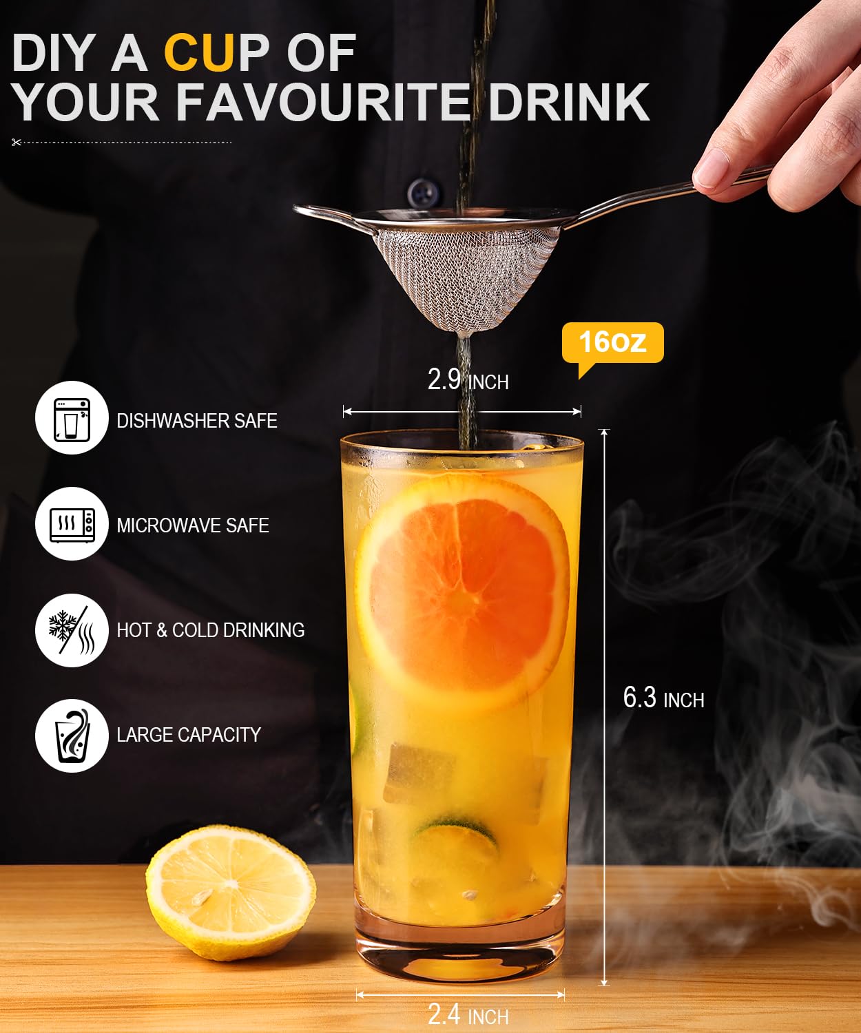 LUNA & MANTHA Drinking Water Glasses Set, Lead-Free Crystal Highball Glass, Tall Glass Cups for Cocktail Parties,Clear set of 12,16oz