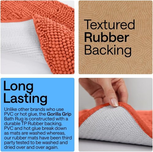 GORILLA GRIP Bath Rug Mat - Thick Soft Absorbent Chenille | Quick Dry Microfiber, 44x26, Coral