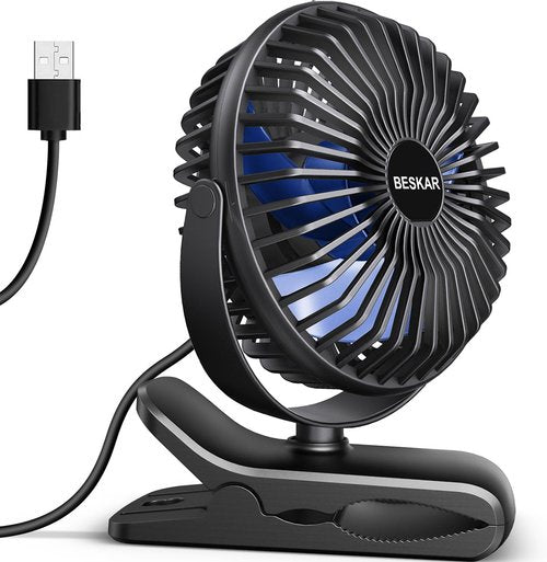 BESKAR Portable USB Clip-On Fan - 3 Speed Quiet Desk Fan with Strong Airflow & Sturdy Clamp