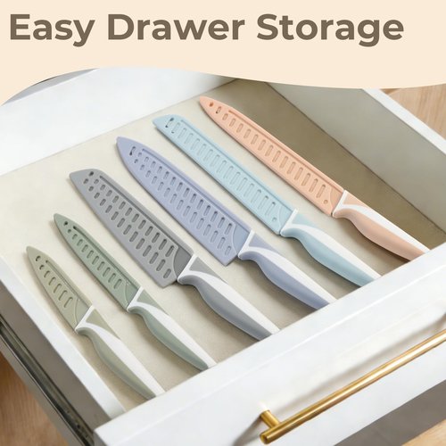 DiiHAUZZ Knife Set, 12 Pieces Kitchen Knives Set with Healthy Non-Stick Coating, Dishwasher Safe Anti-Rust Stainless Steel Knives with 6 Blade Guards, Ergonomic Handles, Ideal Gift Set