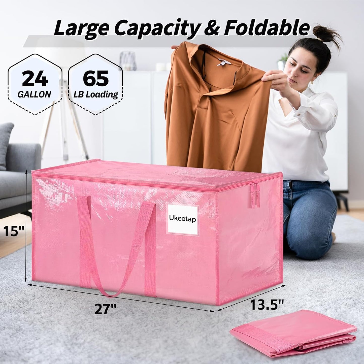 Skiennix Extra Large Heavy-Duty Moving Bags - 8 Pack Pink Storage Bins with Lids & Reinforced Handles