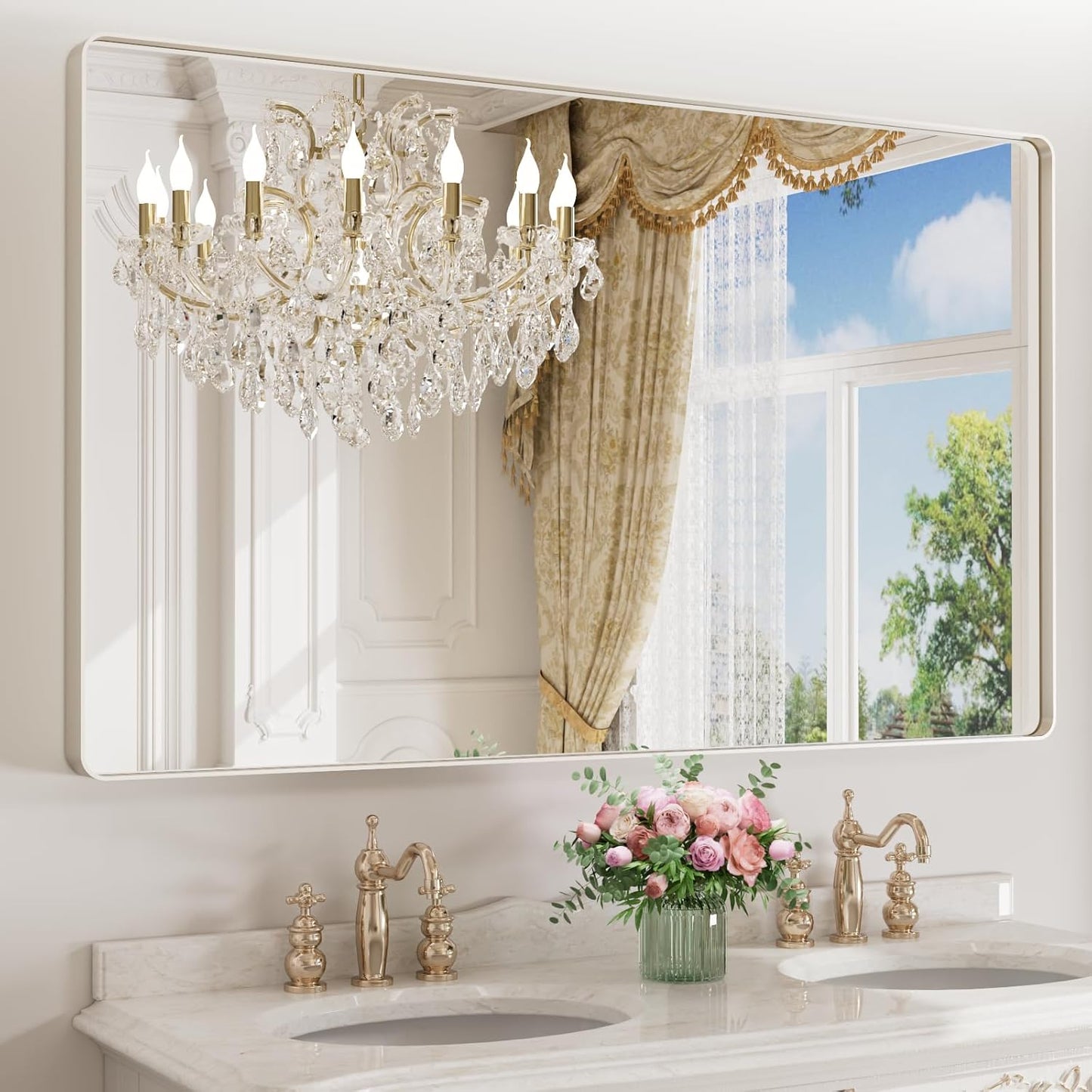 LOAAO Brushed Nickel Bathroom Mirror - 60X36 Inch Rounded Rectangle Design | Anti-Rust, Shatter-Proof, Versatile Hanging Options