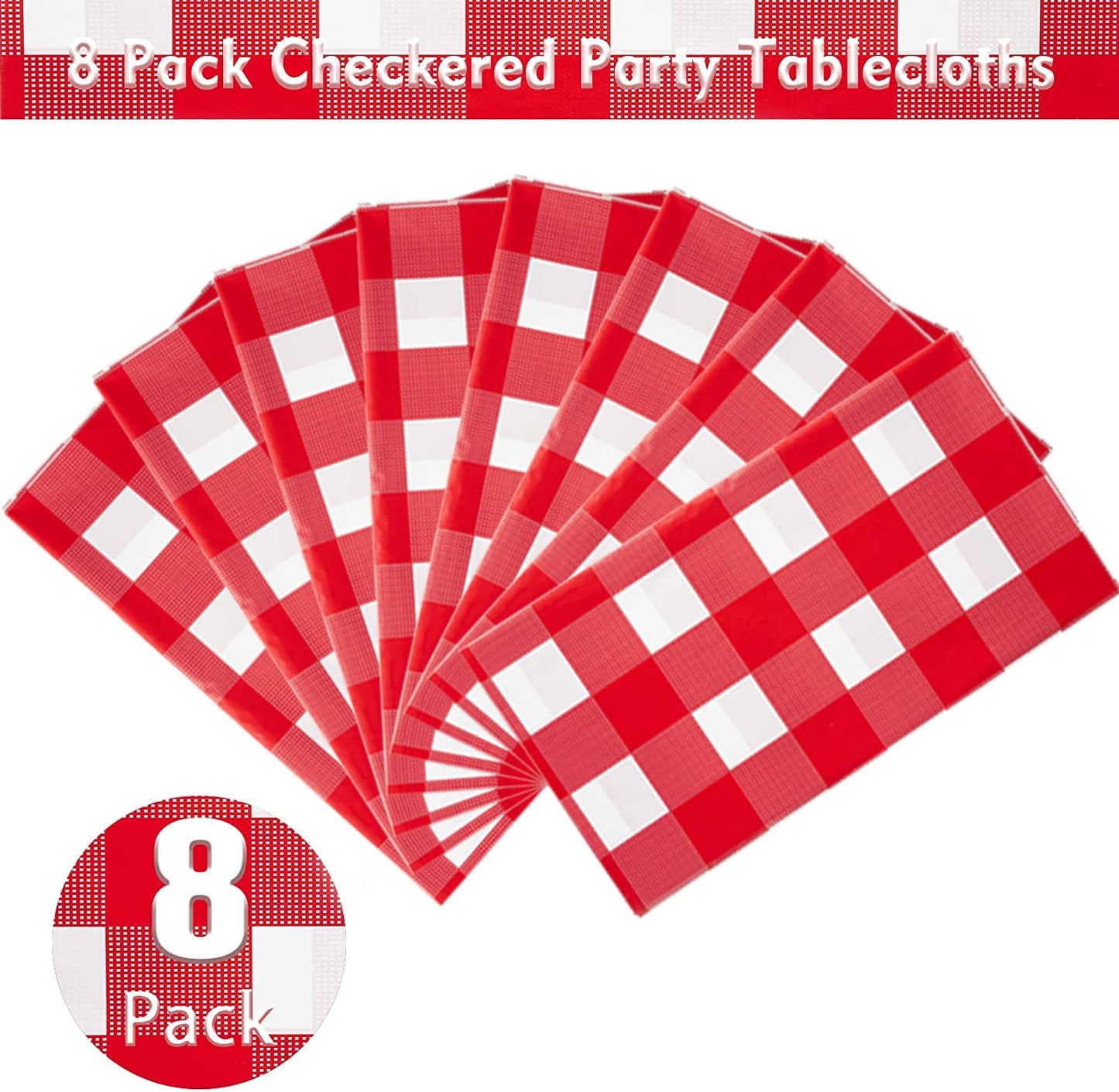 Kesfey 8 Packs Red and White Checkered Tablecloths 54 x 108 Inches Disposable Rectangle Red Gingham Table Cloth Waterproof Plastic Picnic Party Plaid Tablecovers for Picnic BBQ Family Outings