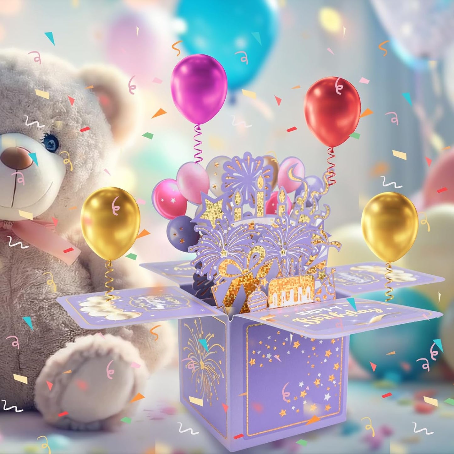 Surprise Pop Up Birthday Cards - Unique 3D Handmade Greeting Card for Adults & Kids | Purple Design