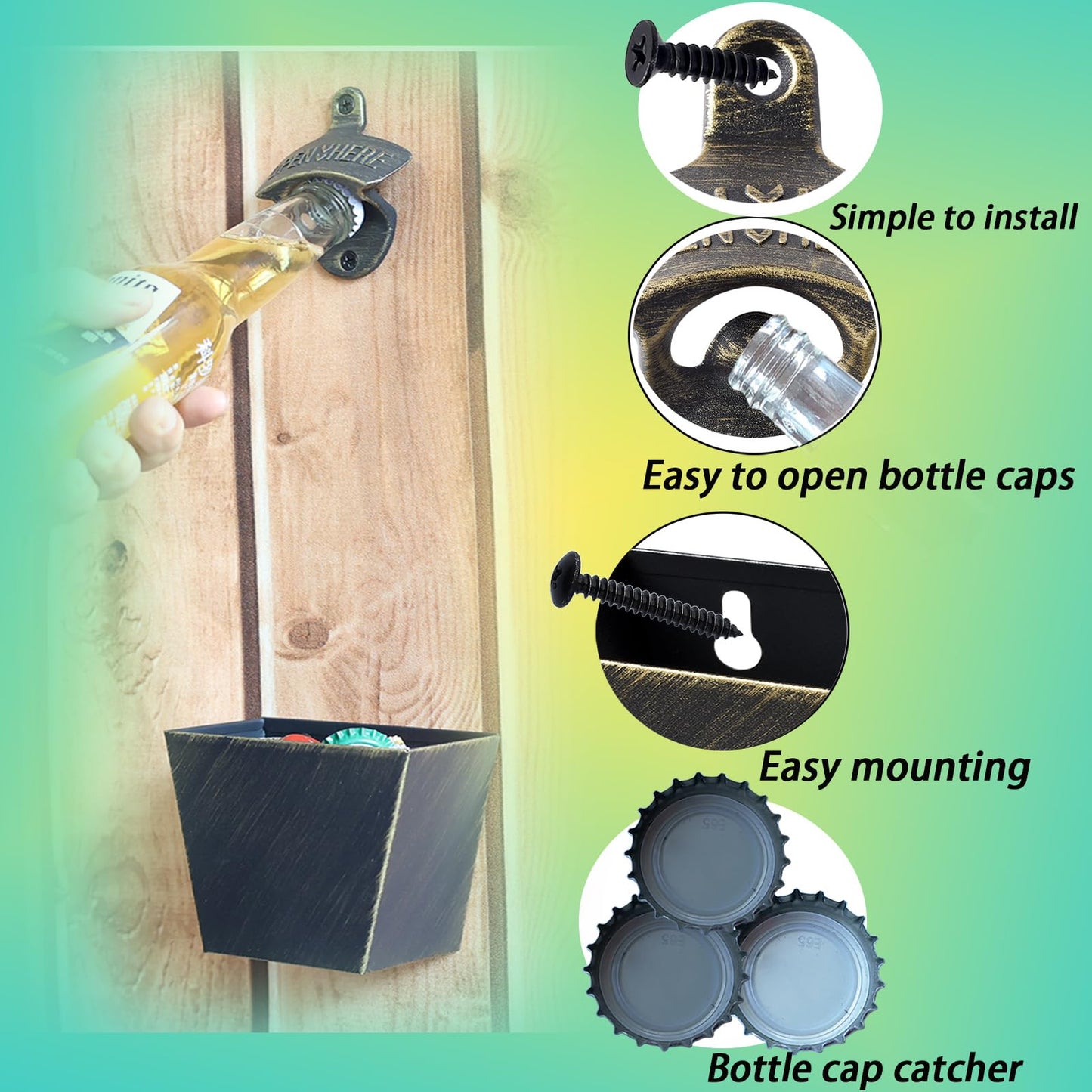 HAIICEN Antique Bronze Beer Bottle Opener Wall Mounted Bottle Top Opener with Cap Catcher Drain Openings Outdoor (Pack of 2)
