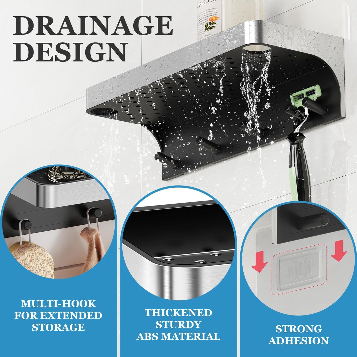 Skiennix Shower Caddy - Adhesive Shower Shelves with Hooks | No Drill, Rustproof Bathroom Organizer - Silver
