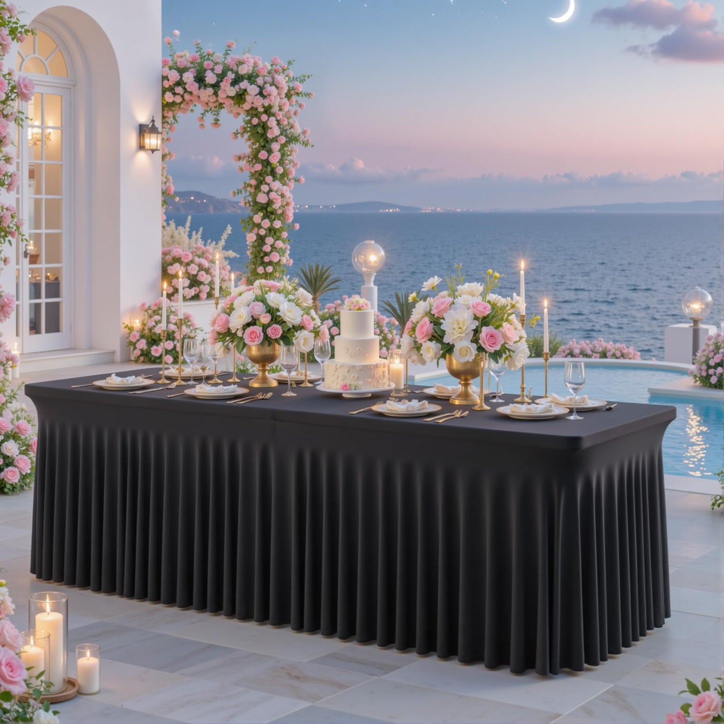 gogoparti 2 Pack Spandex Black Fitted Table Cloth for 6ft Rectangle Tables Black Stretch Tablecloth Table Covers Skirt Banquet Wrinkle Free Tablecloths for Parties Wedding