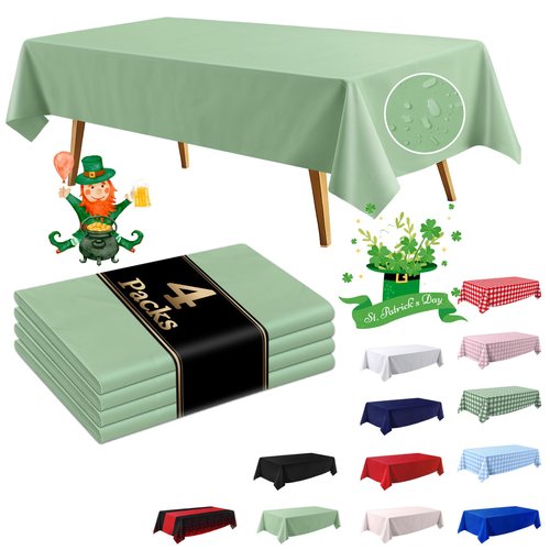 FAGNBED 4 Pack Sage Green Disposable Tablecloth, 54×108 Inches Waterproof Plastic Rectangle Table Cover, Leakproof & Sturdy Table Cloth for St Patricks Day, Picnic, Party Decoration