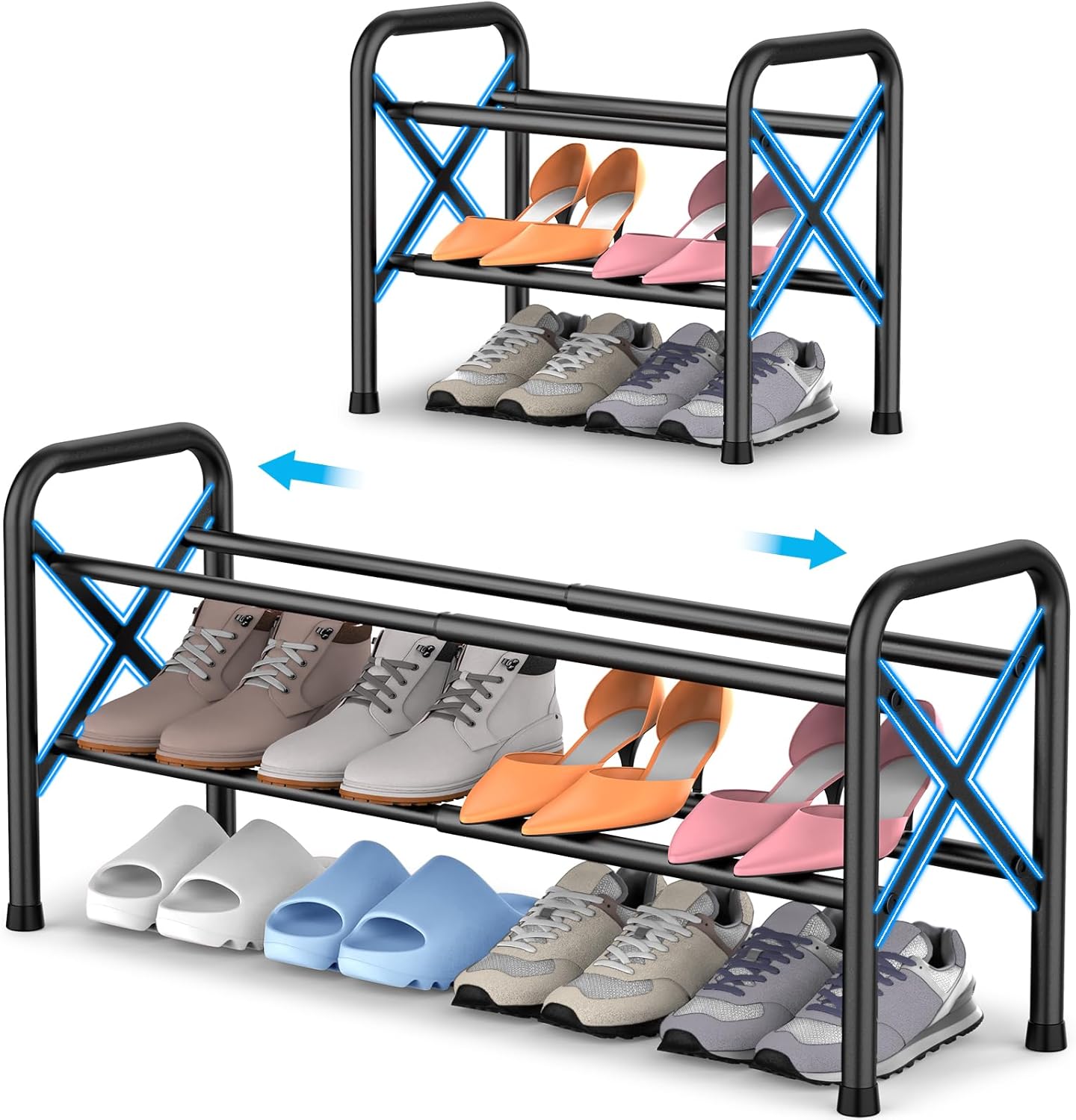 YEASHEIN Expandable 2-Tier Shoe Rack - Adjustable X-Frame Metal Organizer for Entryway & Closet - Black