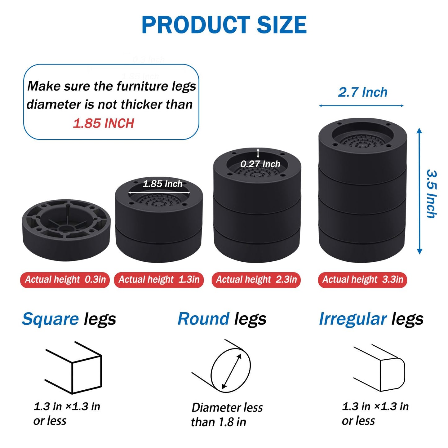 ANNKUT Furniture Risers 2 inch，Round Bed Risers Heavy Duty，Elevation in Heights 1 or 2 Inch for Chair Table and Desk Legs Lifting，Adjustable Bed Lifts Risers(Pack of 4 Riser,Black)
