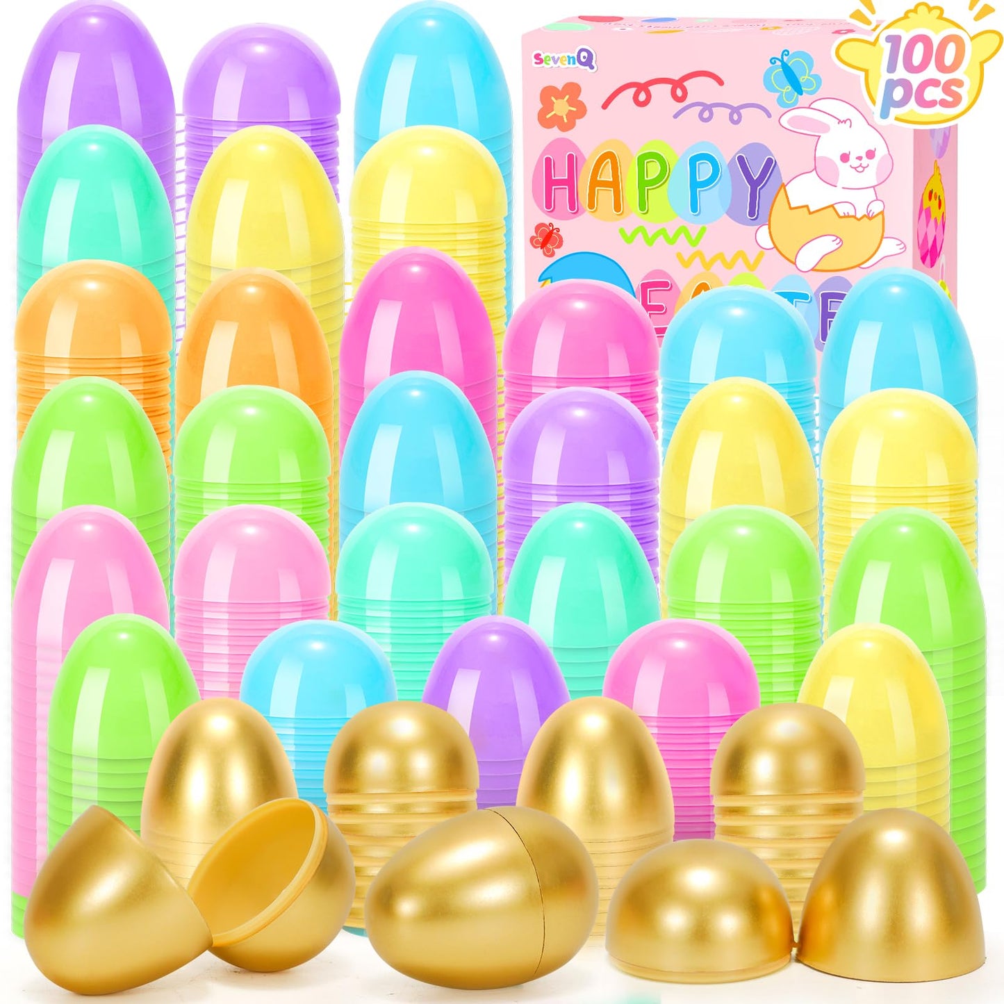 SevenQ Plastic Easter Eggs Fillable, 100Pcs 2.4" Empty Colorful and Golden Eggs for Easter Basket Stuffers Gifts for Kids Party Favors Pinata Treasure Box Toys Classroom Goodie Bags Egg Hunt Supplies