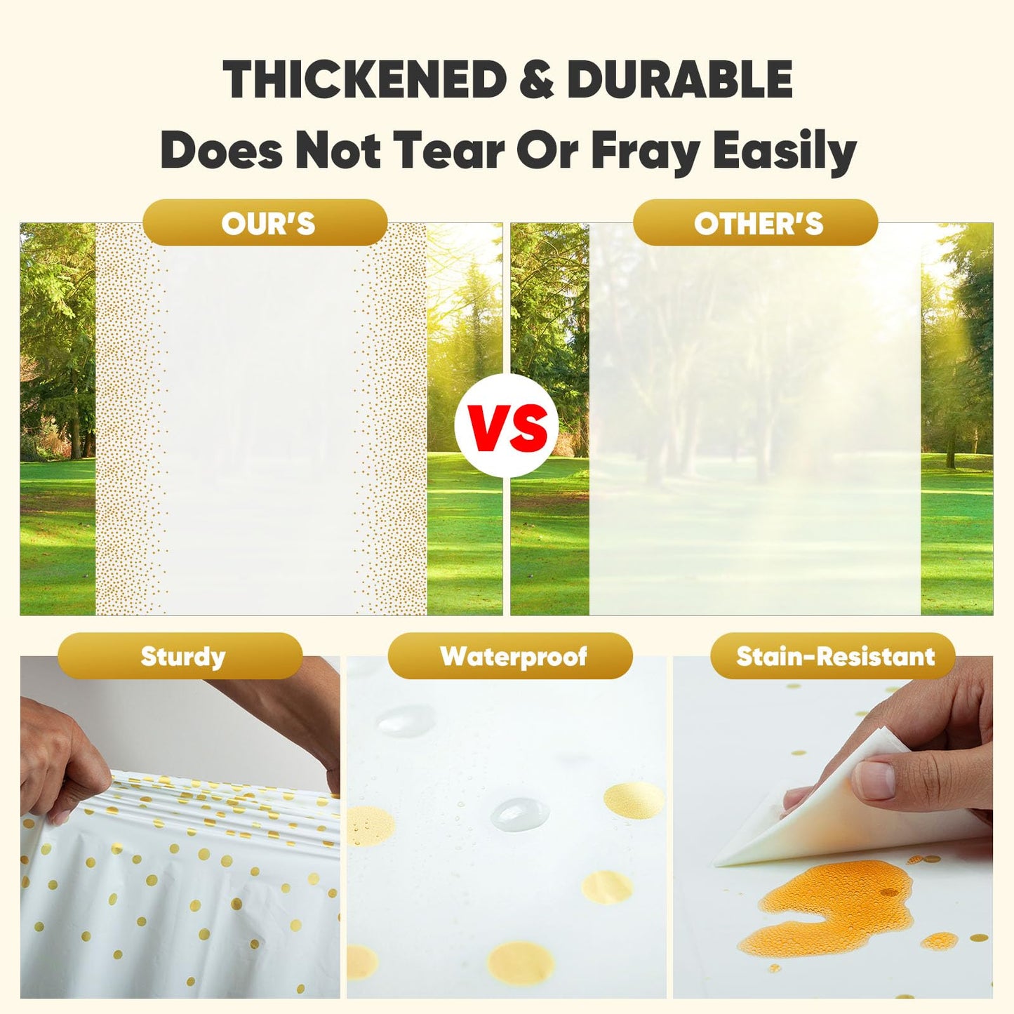 GUUVOR 12 Pack Plastic Table Cloth Disposable, 54”x108” Black and Gold Table Cloths for Parties, Waterproof and Greaseproof Gold Dot Rectangles Tablecloth for Party Decorations BBQ,Wedding,Fine Dining