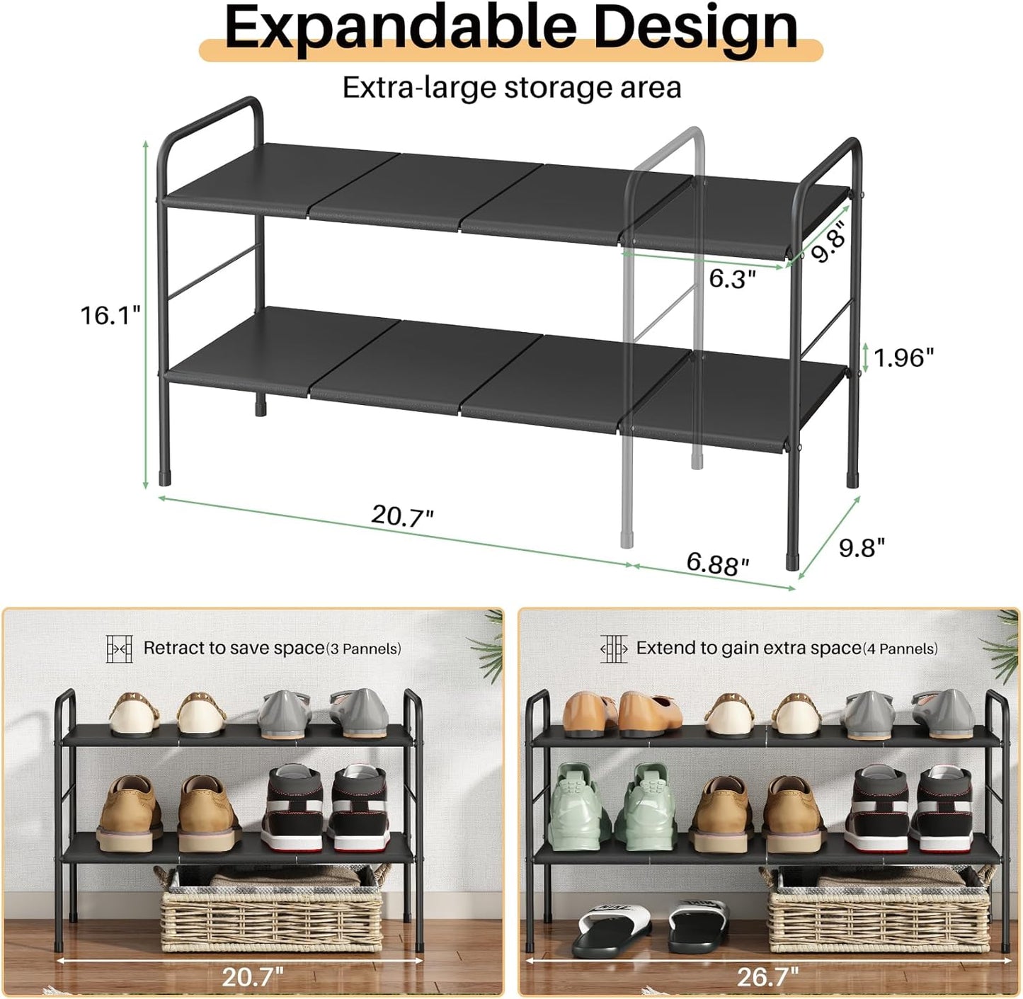 Kitstorack Expandable Shoe Rack - 2-Tier Adjustable Metal Organizer for Small Spaces | Easy to Clean & Soil Detachment Prevention