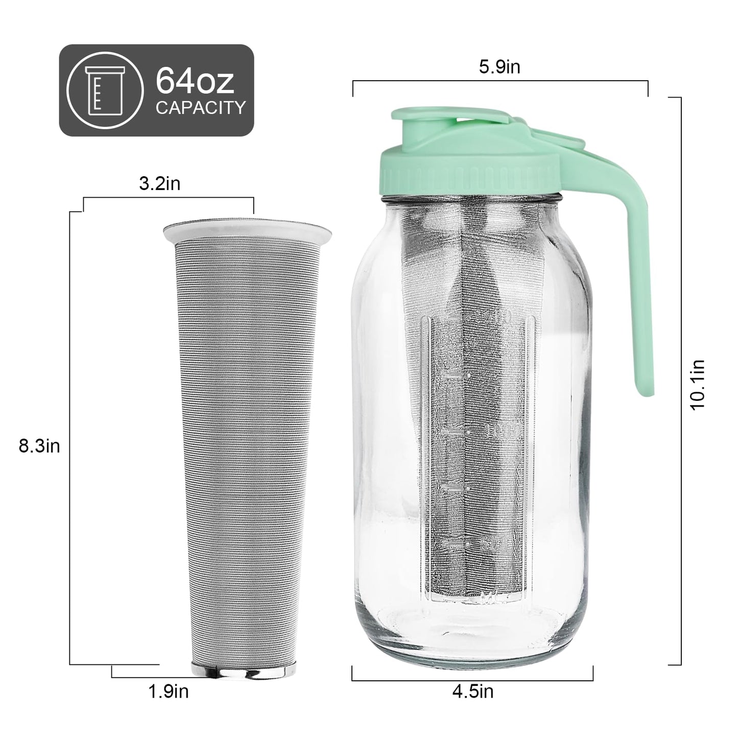 Cold Brew Coffee Maker，64 oz Wide Mouth Mason Jar Pitcher with Stainless Steel Filter, Pour Spout Handle Lid, Heavy Duty Glass Airtight & Leak-Proof for Iced Coffee Tea & Lemonade-Green