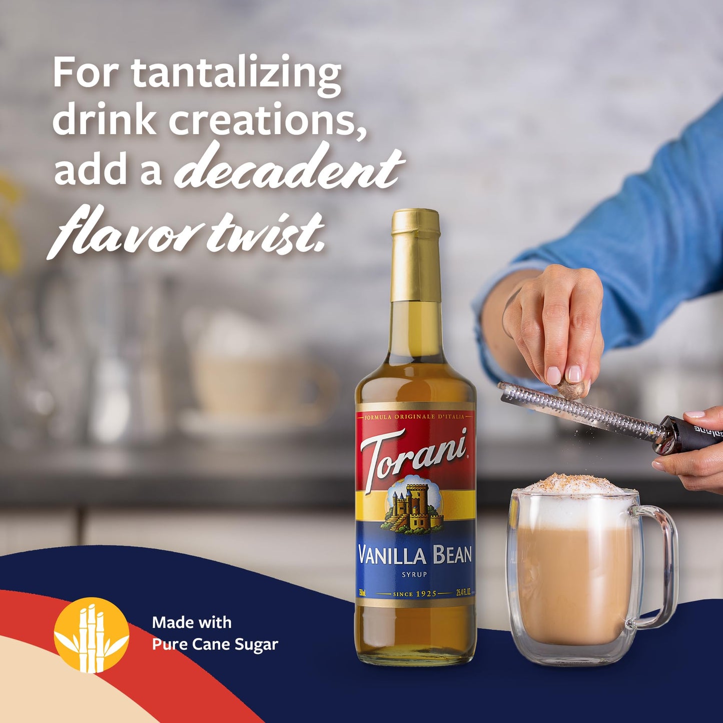 Torani Vanilla Bean Coffee Syrup for Drinks & Desserts, Glass Bottle with Pump Included, 25.4 Fl Oz